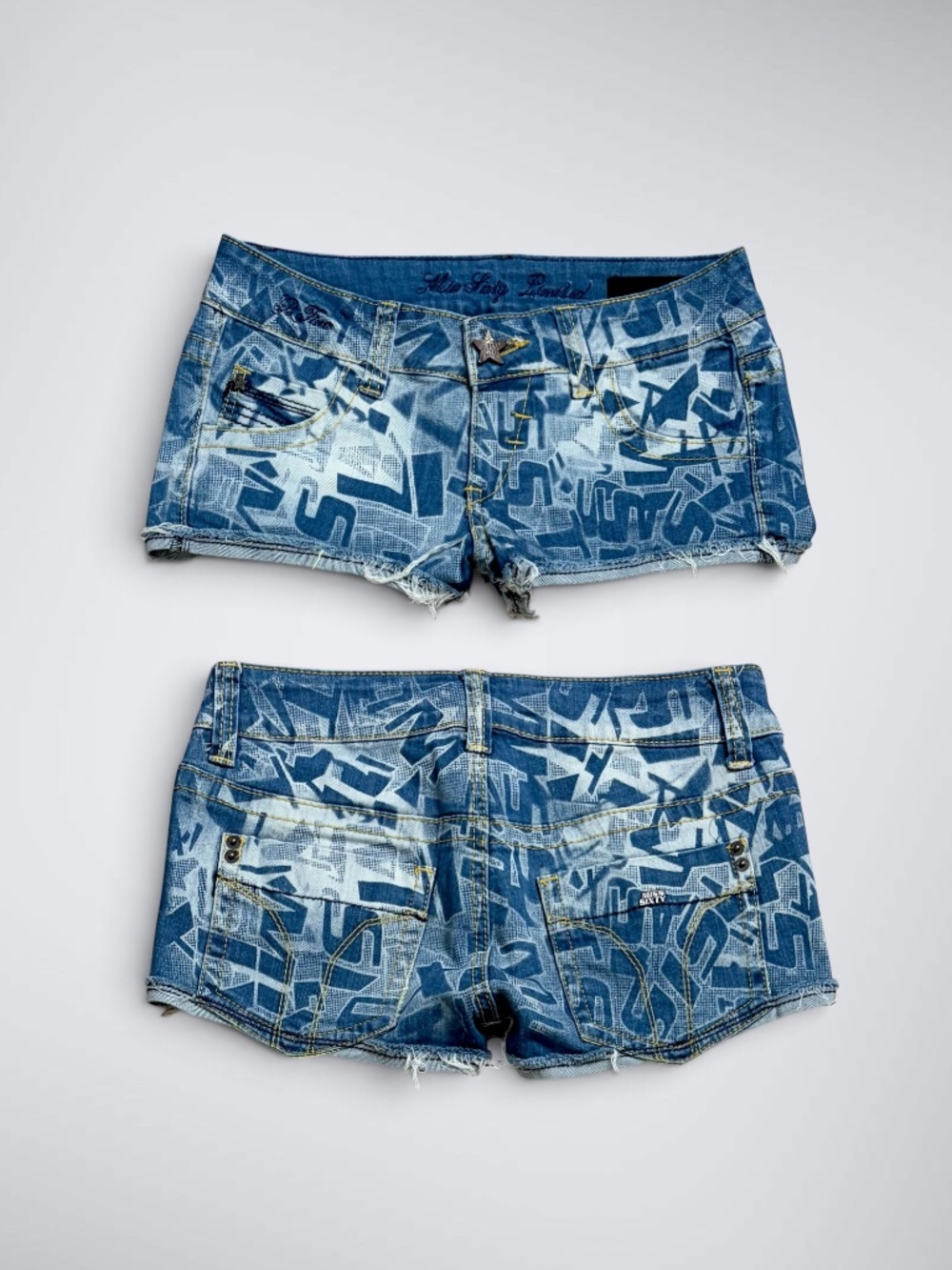 VTG Miss Sixty Graffiti Monogram Low Rise Micro Denim Shorts